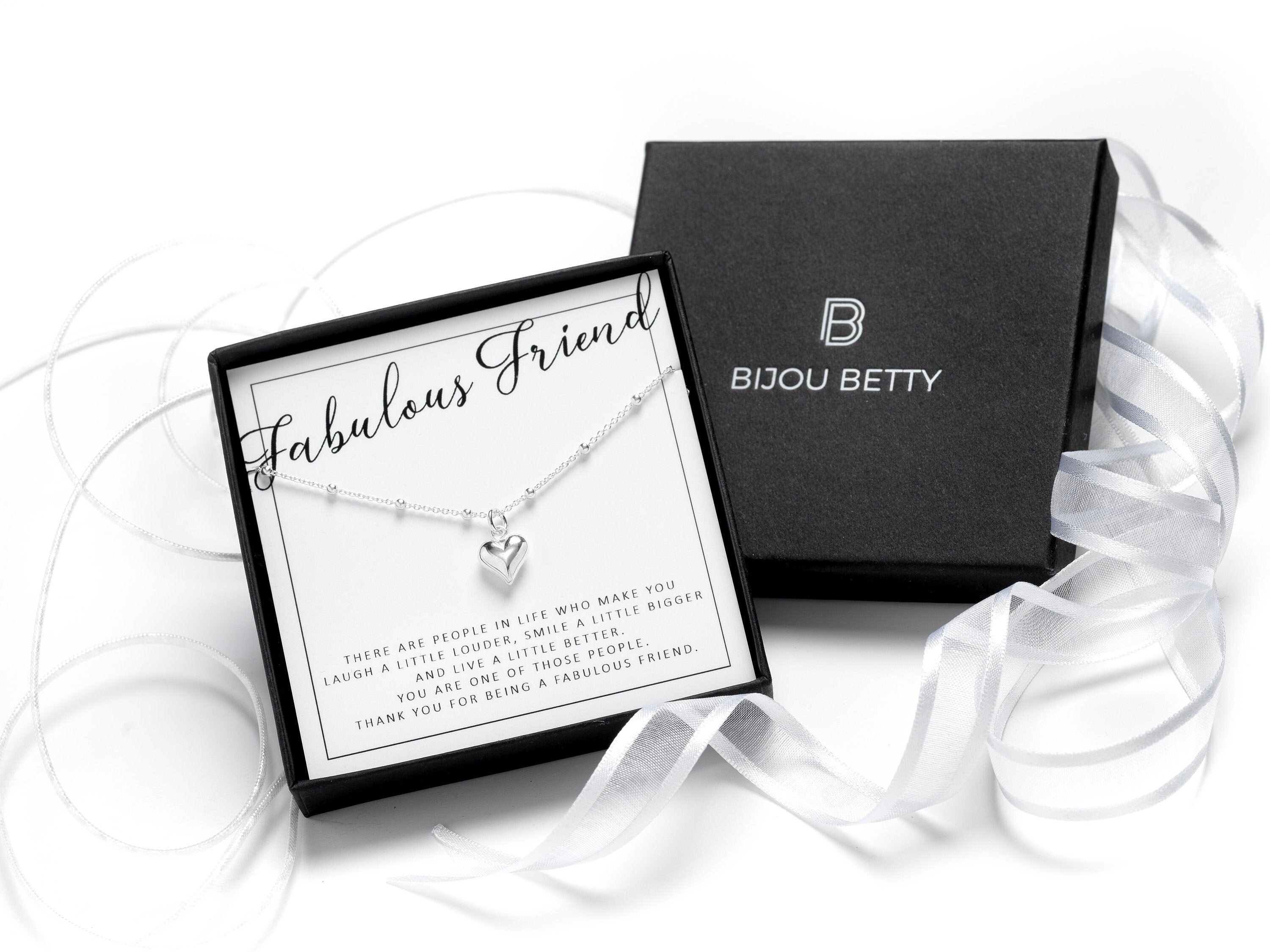 Sterling silver best friend heart necklace in Bijou Betty gift box.