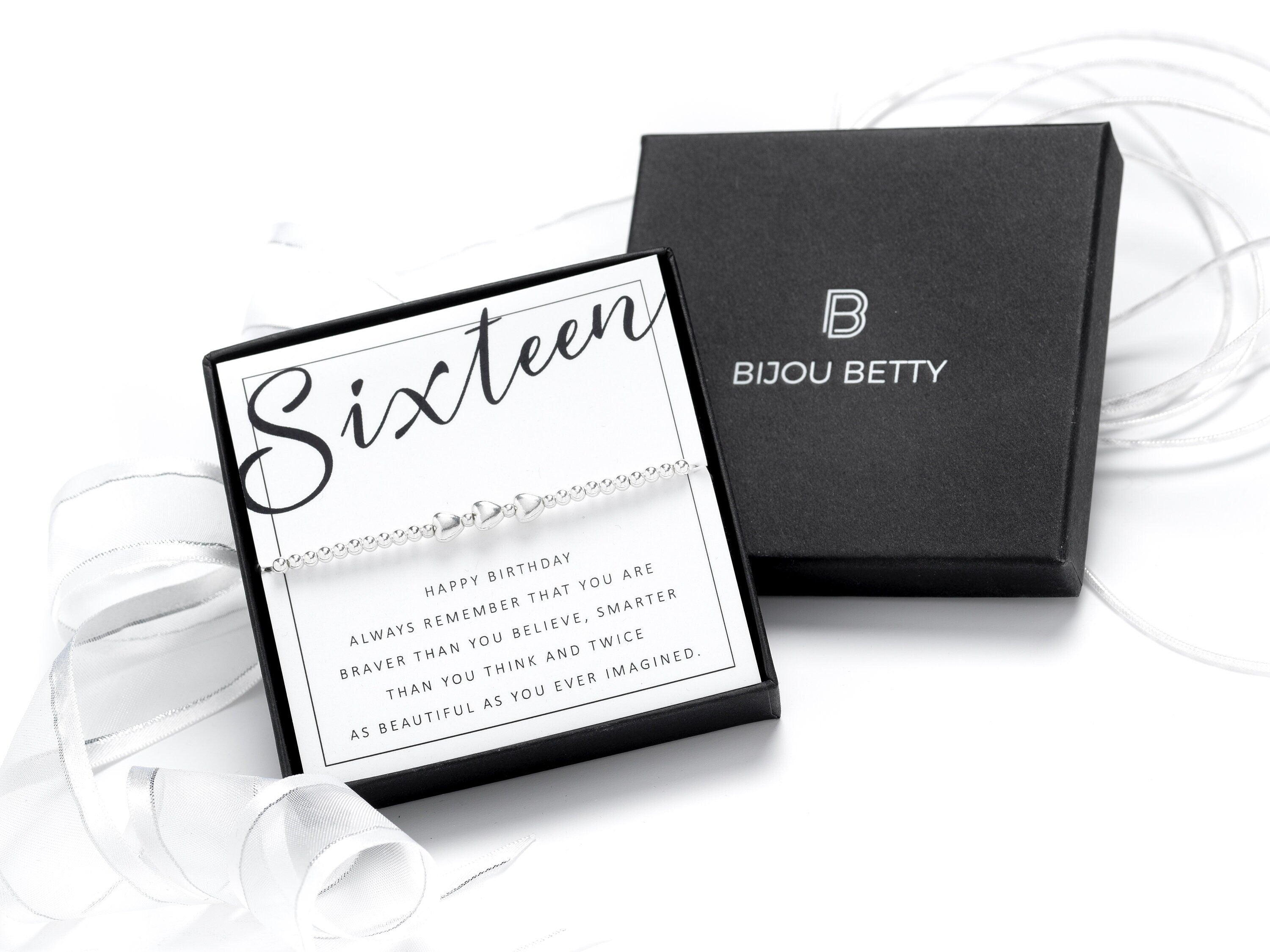Sterling silver sweet 16 heart bracelet in Bijou Betty gift box.