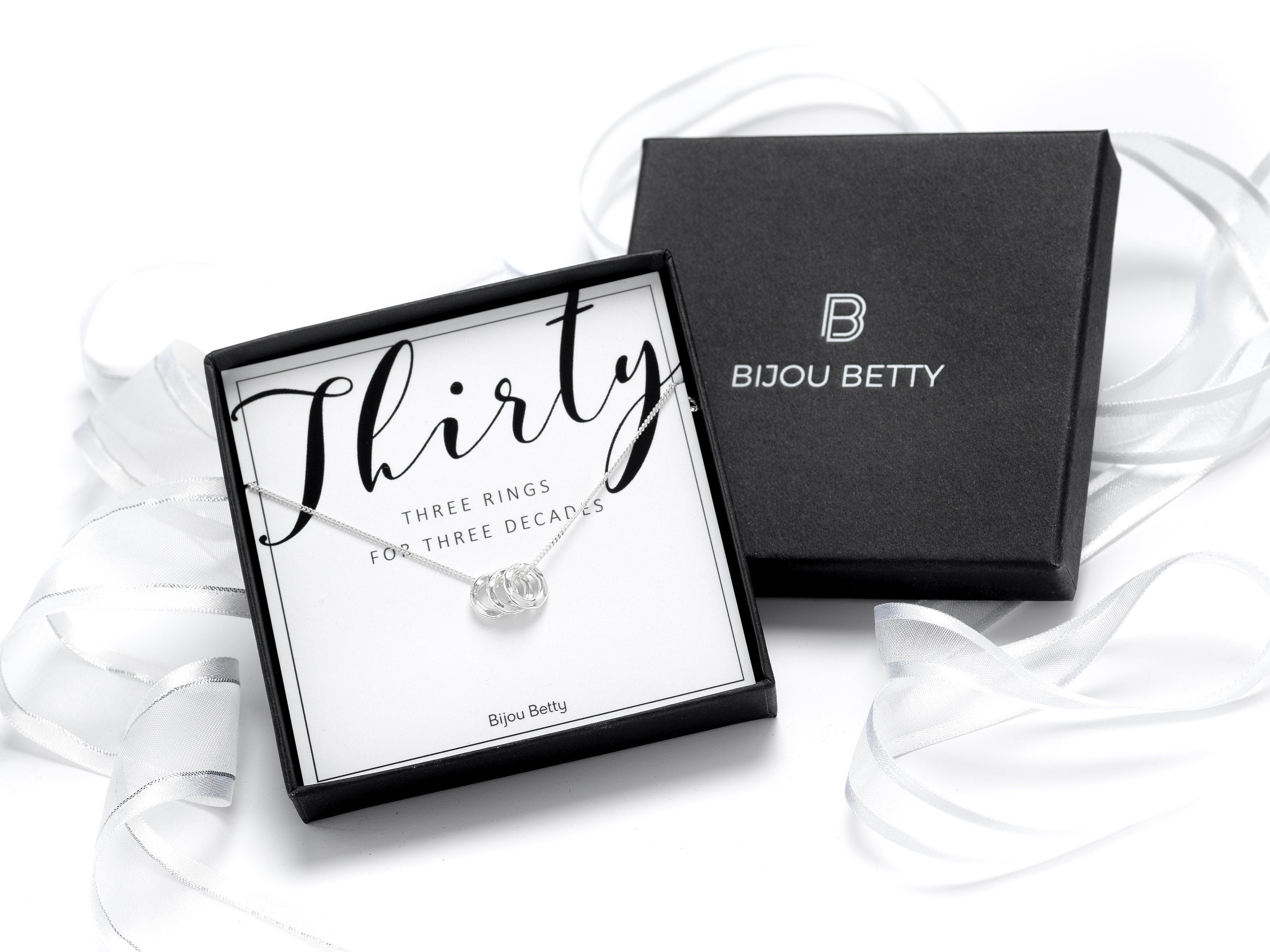 Sterling silver 30th birthday necklace in Bijou Betty gift box.