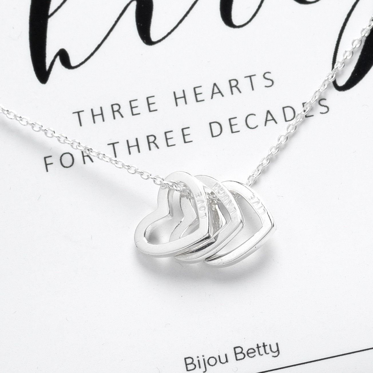 Sterling silver 30th birthday necklace with 3 hearts in Bijou Betty gift box.