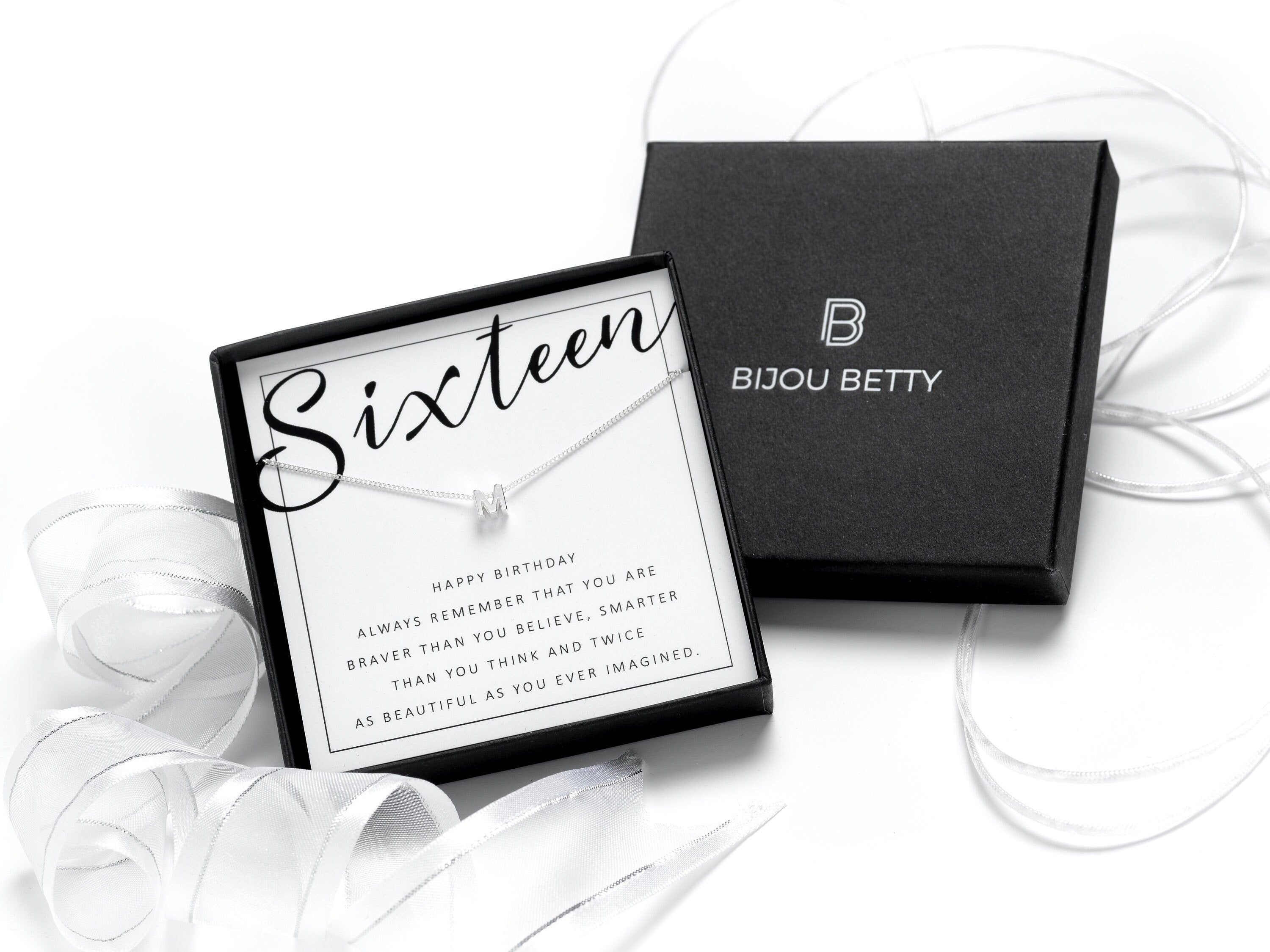 Sterling silver sweet 16 initial necklace in Bijou Betty gift box.
