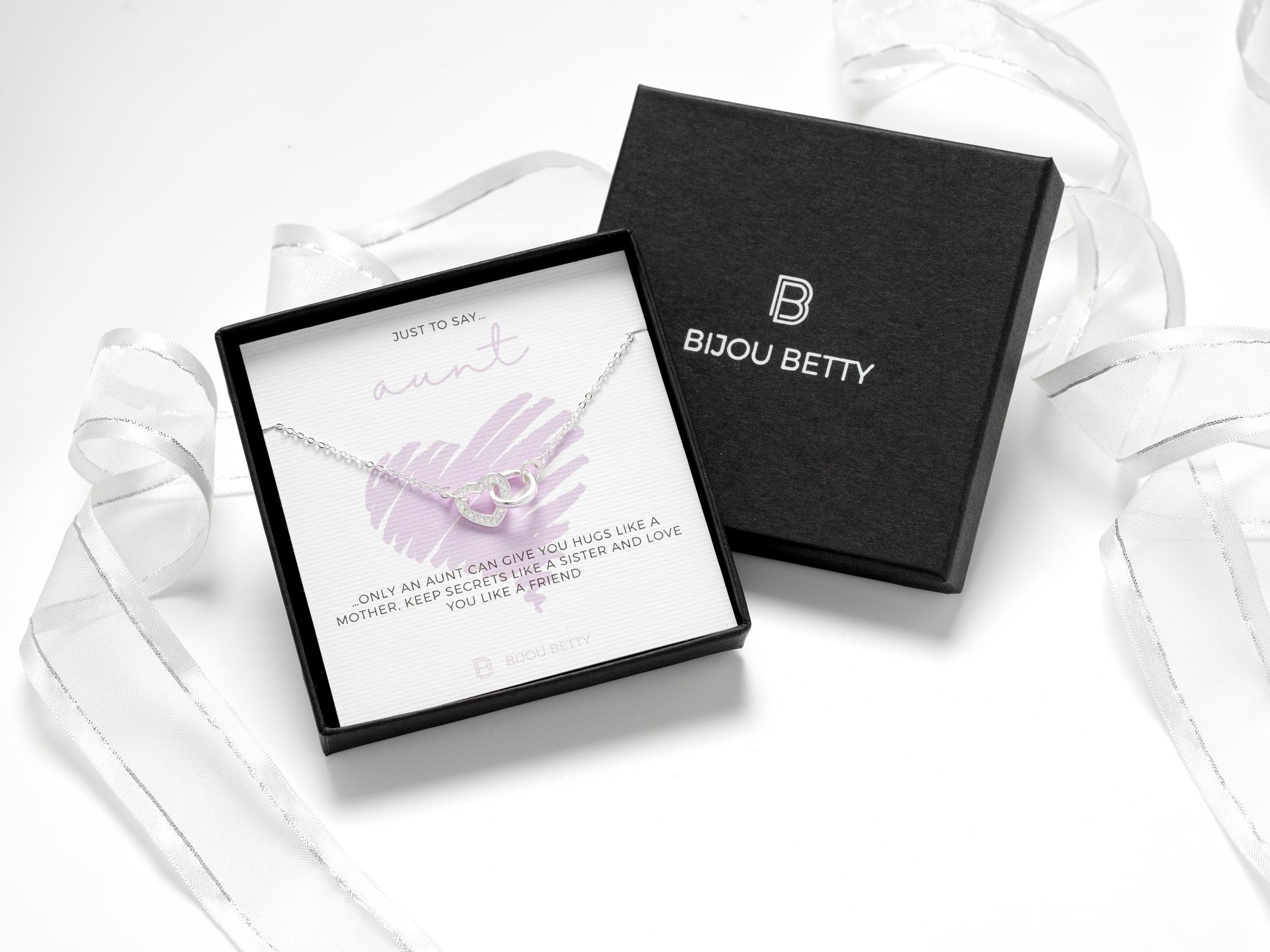 Sterling silver aunt necklace in Bijou Betty gift box.