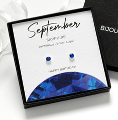 Bijou Betty September birthstone earrings with gift bag, tissue, and personalised tag for nieces or friends.
