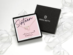Sterling silver 16th birthday necklace with cubic zirconia, perfect gift for daughter, sister, granddaughter, niece, or friend. Includes gift box, bag, tissue, and card: 'Sixteen - With love on your birthday x.