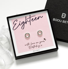 18th birthday circle stud earrings in gift box and card.