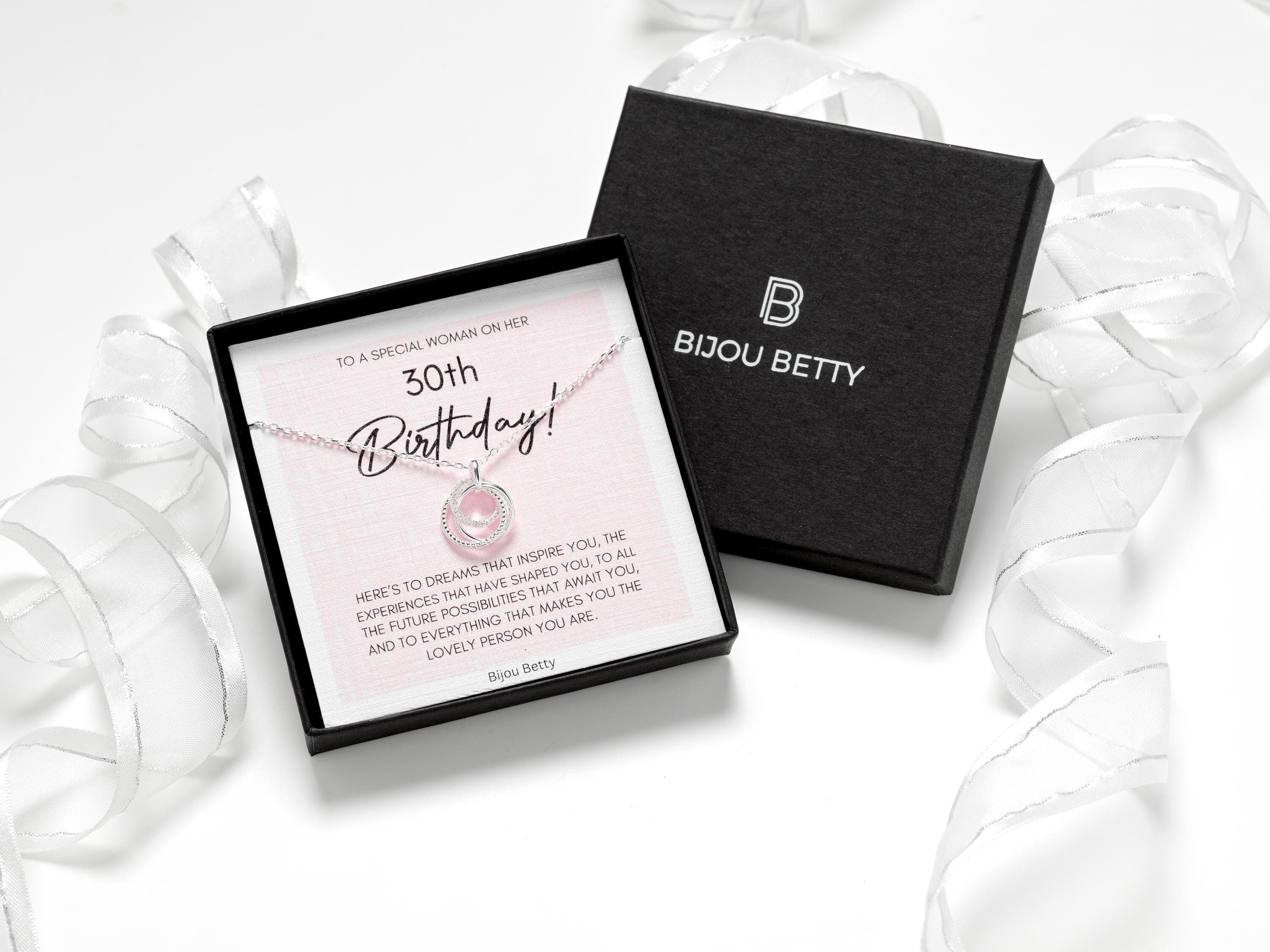Sterling silver 30th birthday necklace in Bijou Betty gift box with tissue and bag.