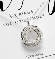 Sterling silver 60th birthday 6 ring necklace with 14mm pendant.