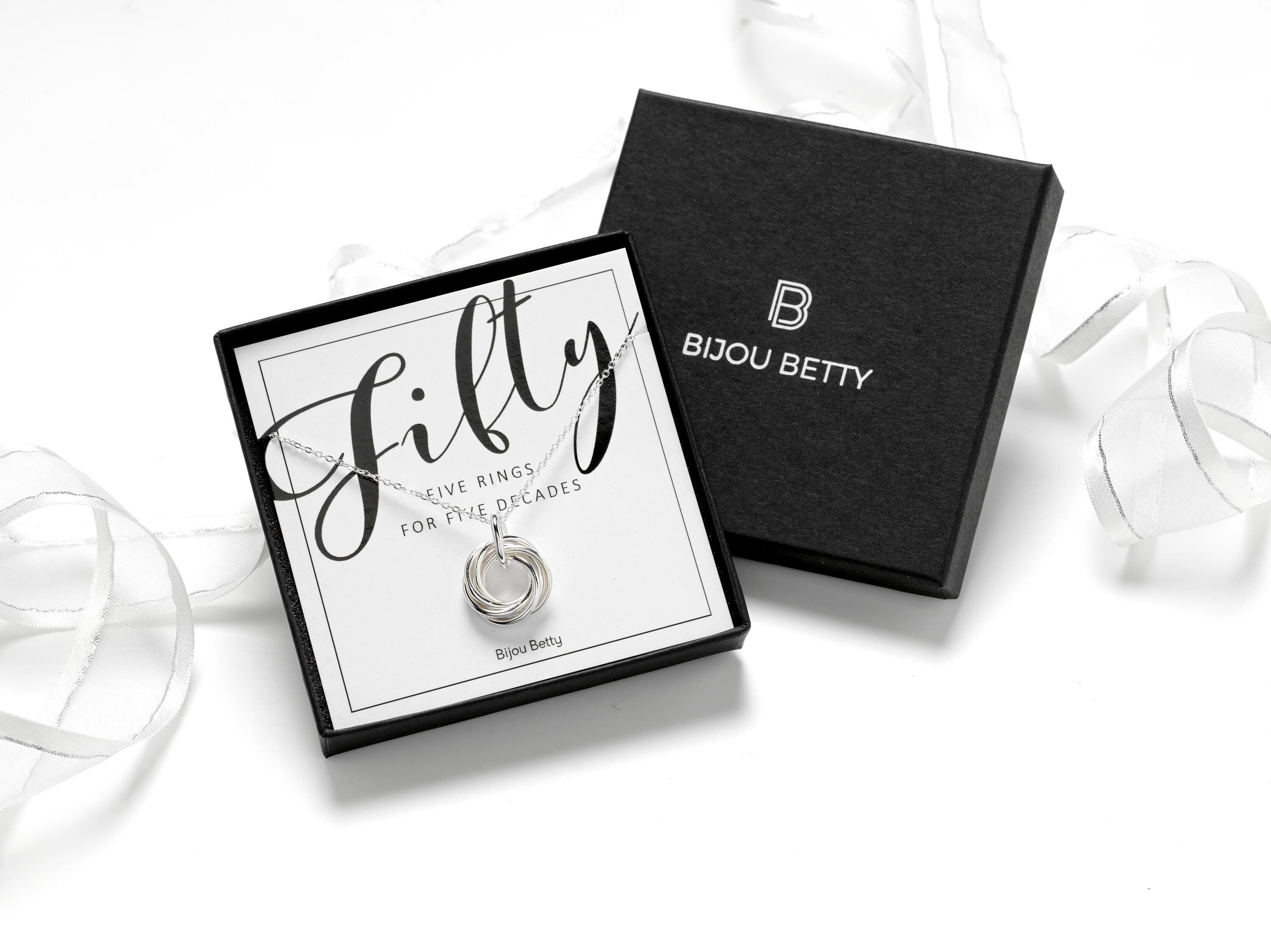 Silver 50th birthday necklace in Bijou Betty gift box.