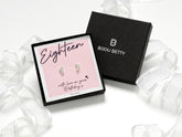 Sterling silver 18th birthday CZ stud earrings in Bijou Betty gift box.