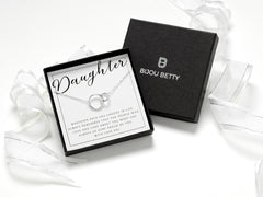 Sterling silver daughter circles necklace in Bijou Betty gift box.