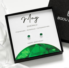 May Birthstone Earrings - Sterling Silver Emerald Cubic Zirconia Studs Gift for Daughter, Mum, Sister or Friend