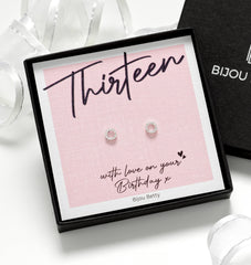 Sterling silver 13th birthday earrings in Bijou Betty gift box.