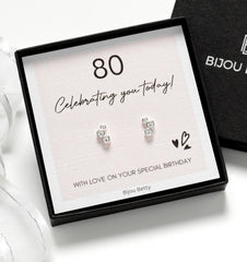 Sterling silver 80th birthday CZ stud earrings with 9.5mm design.
