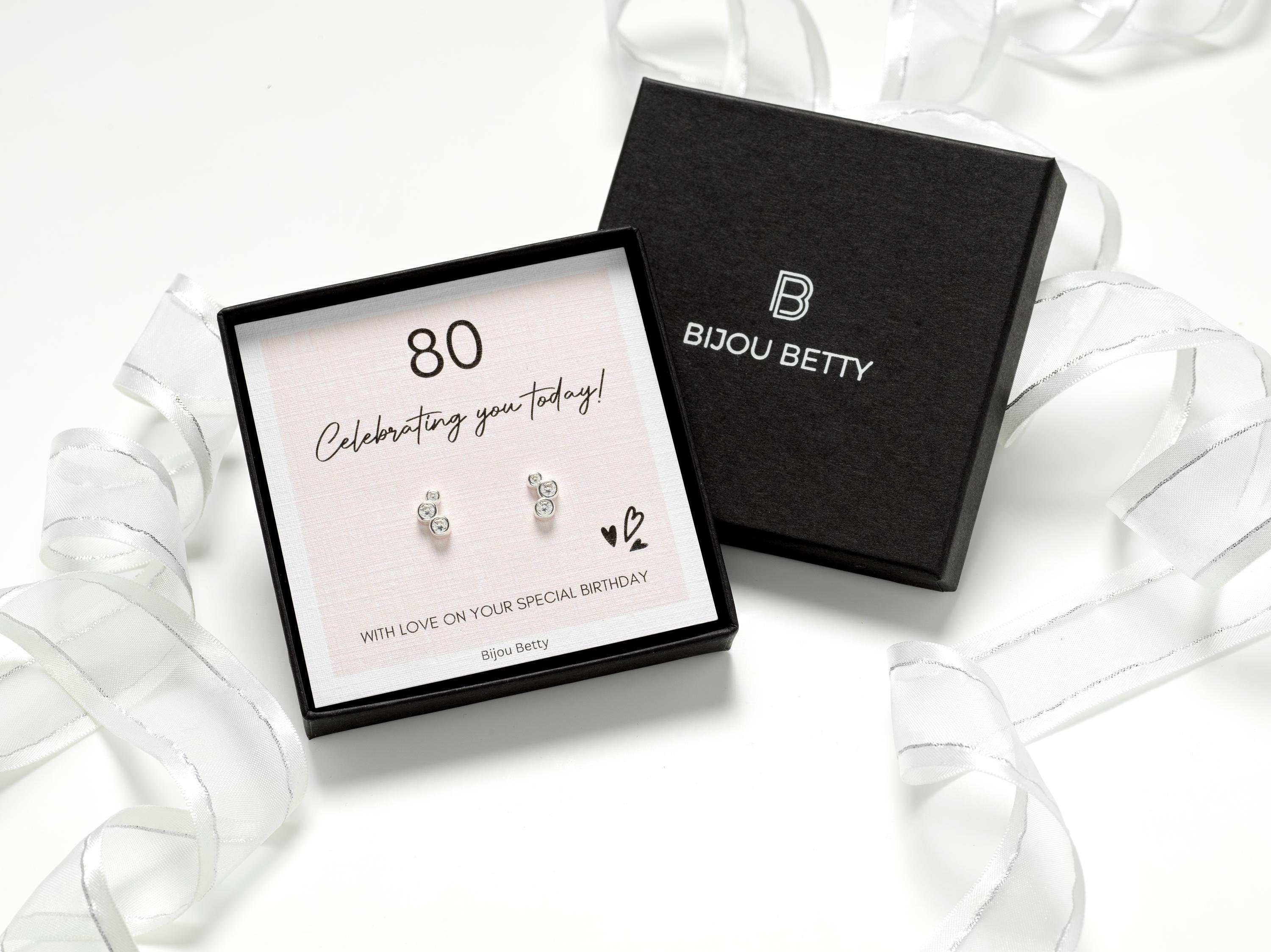 Sterling silver 80th birthday CZ stud earrings in gift box