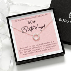 Sterling silver 30th birthday sunburst necklace with 12mm pendant.