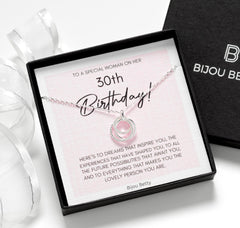 Sterling silver 30th birthday necklace in Bijou Betty gift box with tissue and bag.