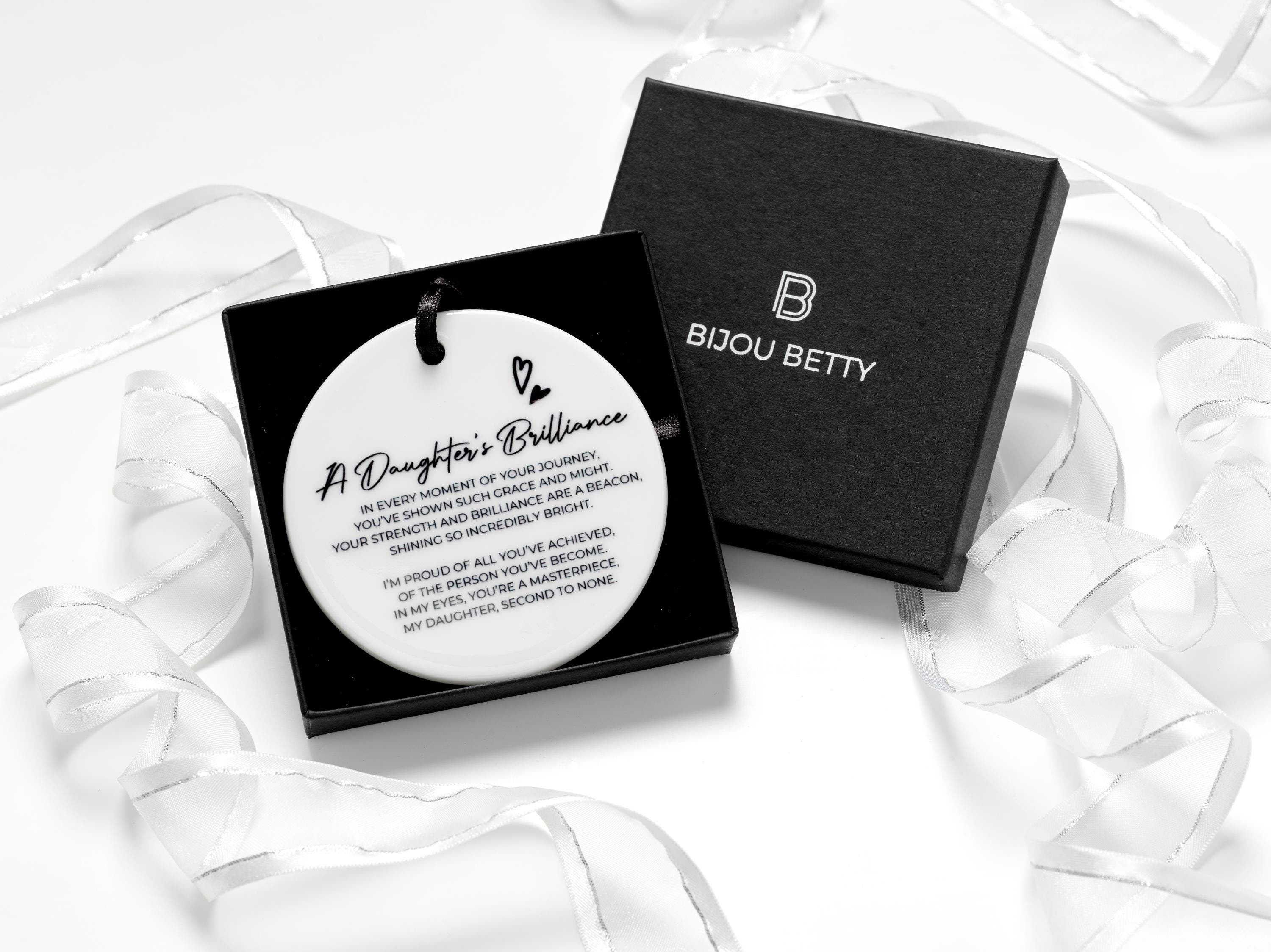 Ceramic daughter keepsake ornament with optional Bijou Betty gift box and bag.