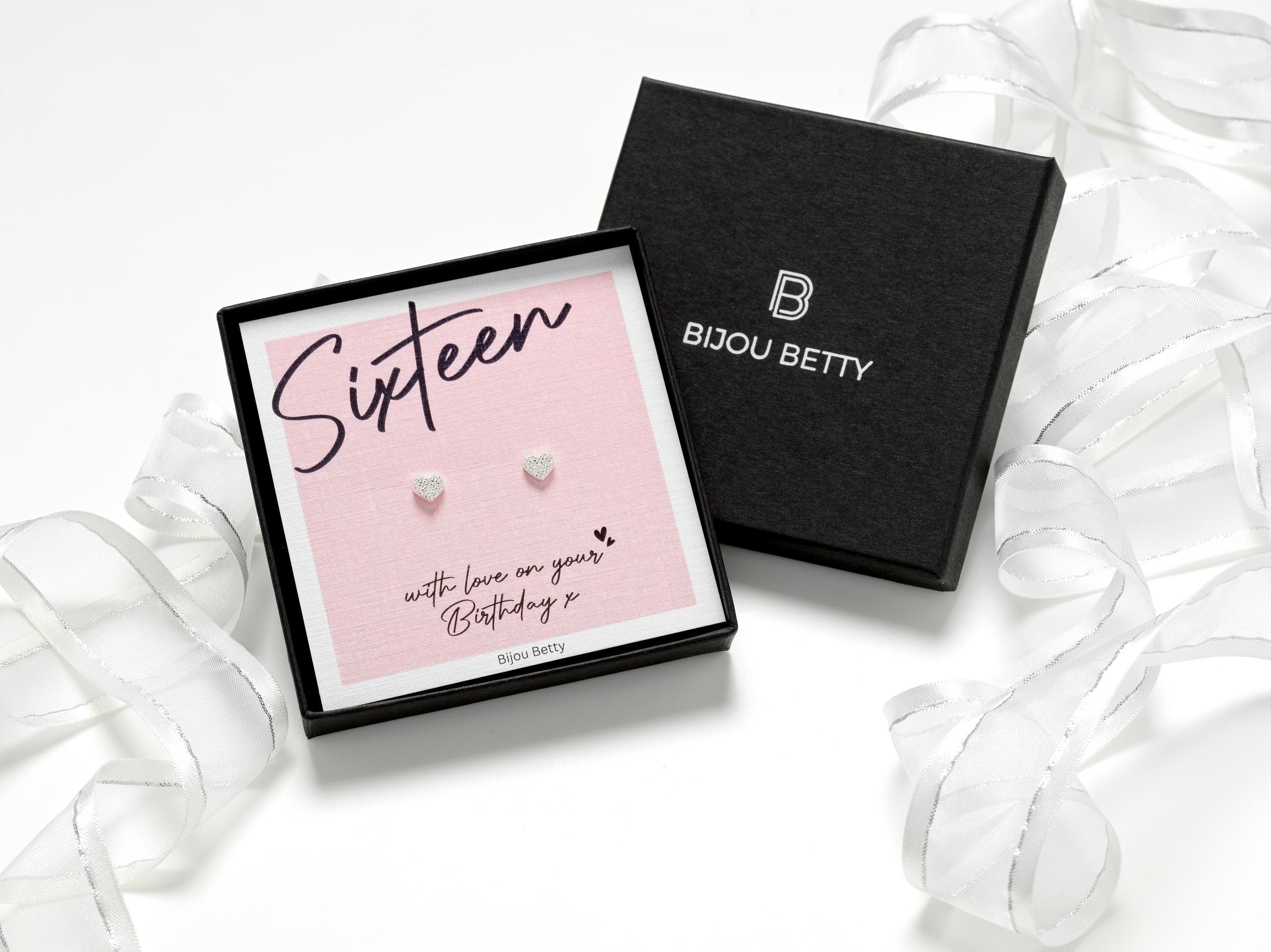 Sterling silver 16th birthday heart stud earrings gift, 5.5mm x 6.2mm CZ, in Bijou Betty gift box with bag and card.