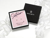 Sterling silver 16th birthday heart stud earrings gift, 5.5mm x 6.2mm CZ, in Bijou Betty gift box with bag and card.