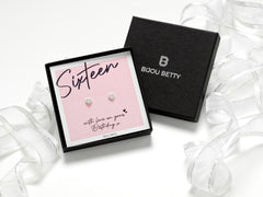 Sterling silver 16th birthday heart stud earrings gift, 5.5mm x 6.2mm CZ, in Bijou Betty gift box with bag and card.