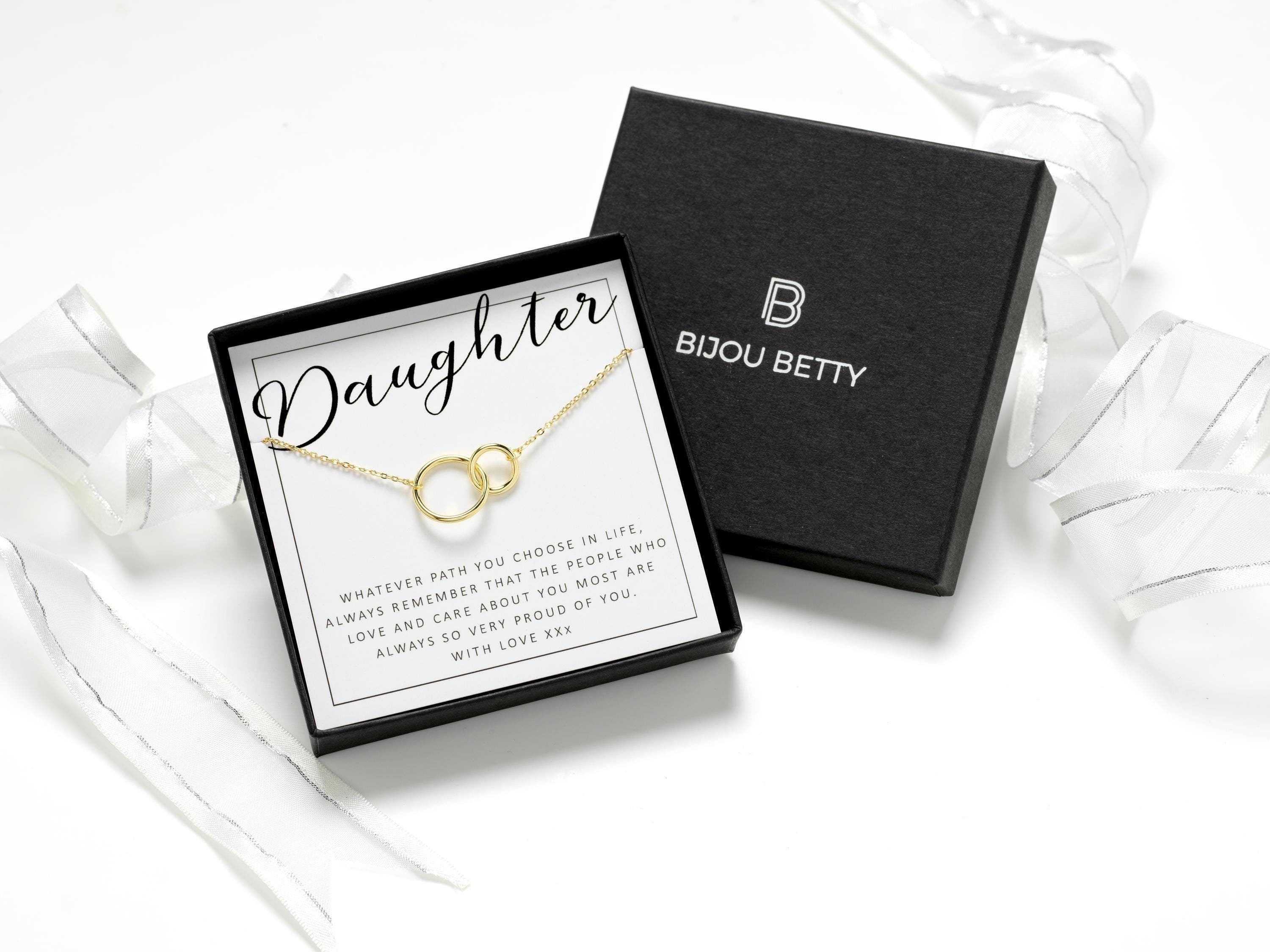 Gold plating over sterling silver daughter interlinked circles necklace in Bijou Betty gift box.