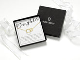Gold plating over sterling silver daughter interlinked circles necklace in Bijou Betty gift box.