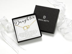 Gold plating over sterling silver daughter interlinked circles necklace in Bijou Betty gift box.