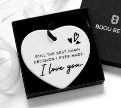 Ceramic heart keepsake with romantic quote and ribbon.