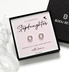 Sterling silver stepdaughter birthday earrings in Bijou Betty gift box.