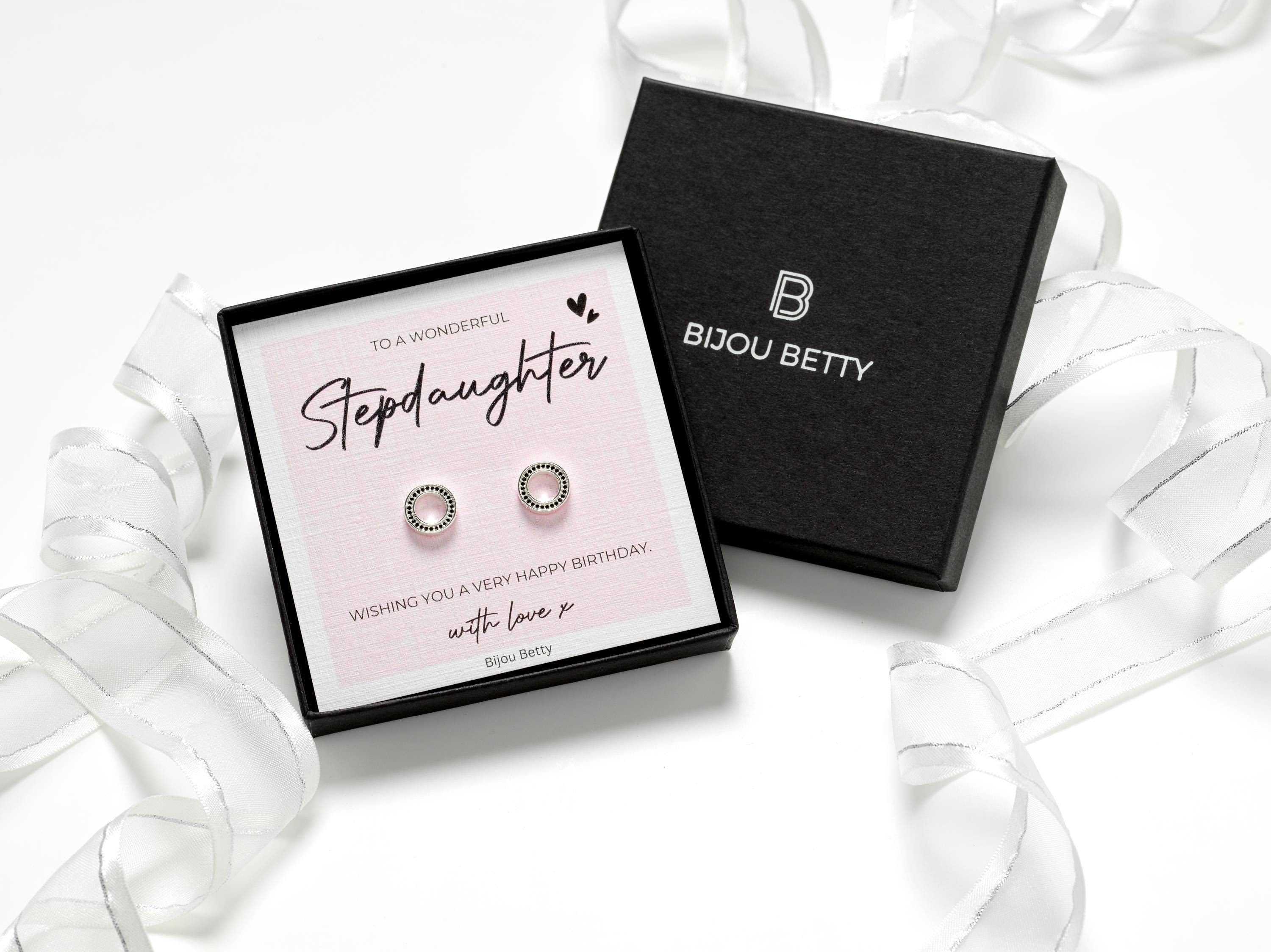 Sterling silver stepdaughter birthday earrings in Bijou Betty gift box.