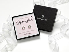 Sterling silver stepdaughter birthday earrings in Bijou Betty gift box.