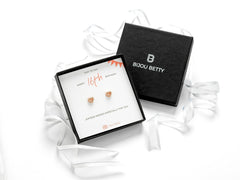 Sterling silver 16th birthday earrings gift, 6mm x 7mm CZ studs, silver/gold/rose gold, in Bijou Betty gift box with card.