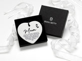 Ceramic heart mum gift keepsake, 75mm x 75mm with satin ribbon and quote, optional gift box for Mother’s Day.