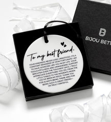 Ceramic Round Friendship Gift, Hanging Keepsake with Quote, Best Friend Present, Satin Ribbon