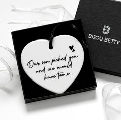 Ceramic heart wedding keepsake ornament in gift box.