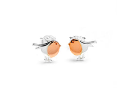 Close-up of Bijou Betty’s 925 sterling silver robin stud earrings with rose gold plating, 7mm x 9mm.