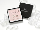 Sterling silver circle earrings gift for best friend, 8mm black CZ studs, in Bijou Betty gift box with bag and card.
