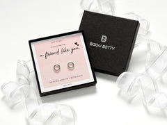 Sterling silver circle earrings gift for best friend, 8mm black CZ studs, in Bijou Betty gift box with bag and card.