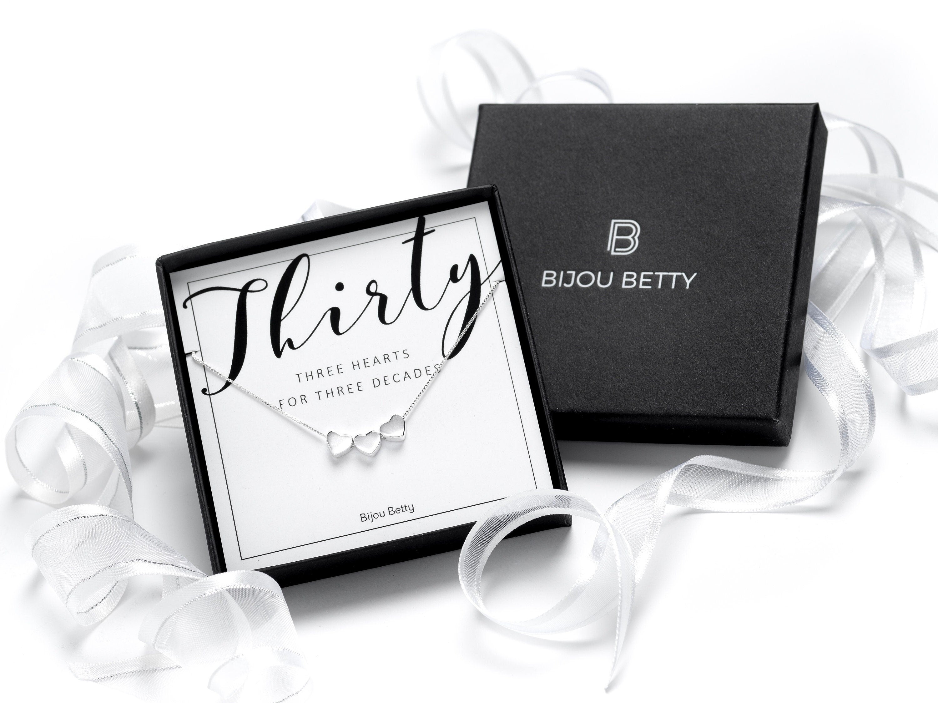 Sterling silver 30th birthday heart necklace gift for her, three-heart pendant, 16-18 inch chain, in Bijou Betty gift box.