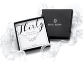Sterling silver 30th birthday heart necklace gift for her, three-heart pendant, 16-18 inch chain, in Bijou Betty gift box.