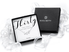 Sterling silver 30th birthday heart necklace gift for her, three-heart pendant, 16-18 inch chain, in Bijou Betty gift box.
