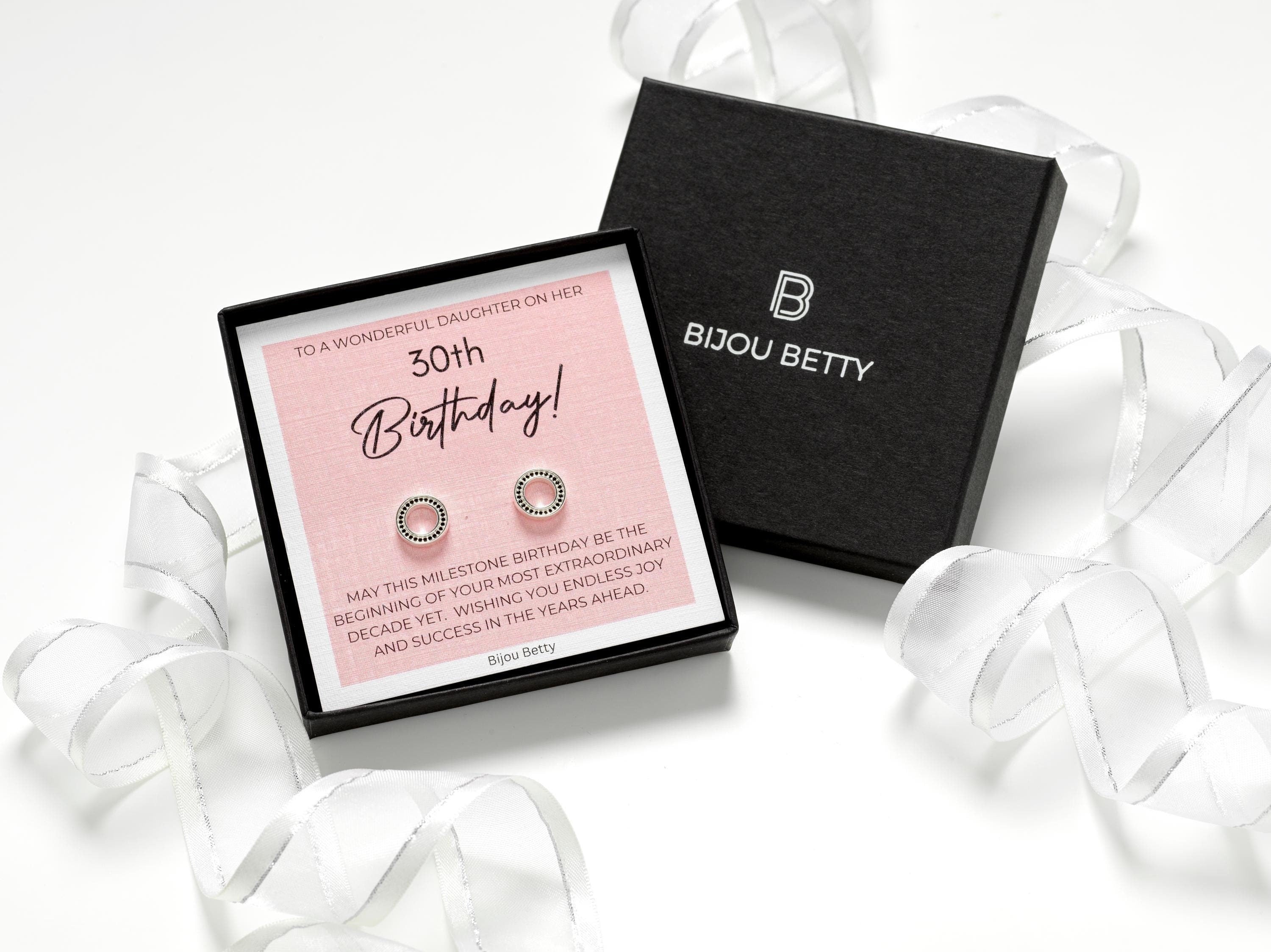 Sterling silver 30th birthday earrings gift for daughter, 9mm black CZ open-circle studs, in Bijou Betty gift box.