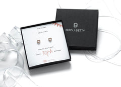 Sterling silver 30th birthday CZ earrings gift, 6mm x 7mm studs, in Bijou Betty gift box with card.