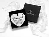 Ceramic heart friend gift keepsake, 75mm with quote and ribbon, in tissue with optional Bijou Betty box and bag.