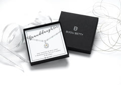 Sterling silver granddaughter necklace gift, 12mm daisy pendant, 16 or 18-inch chain, in Bijou Betty gift box with bag.