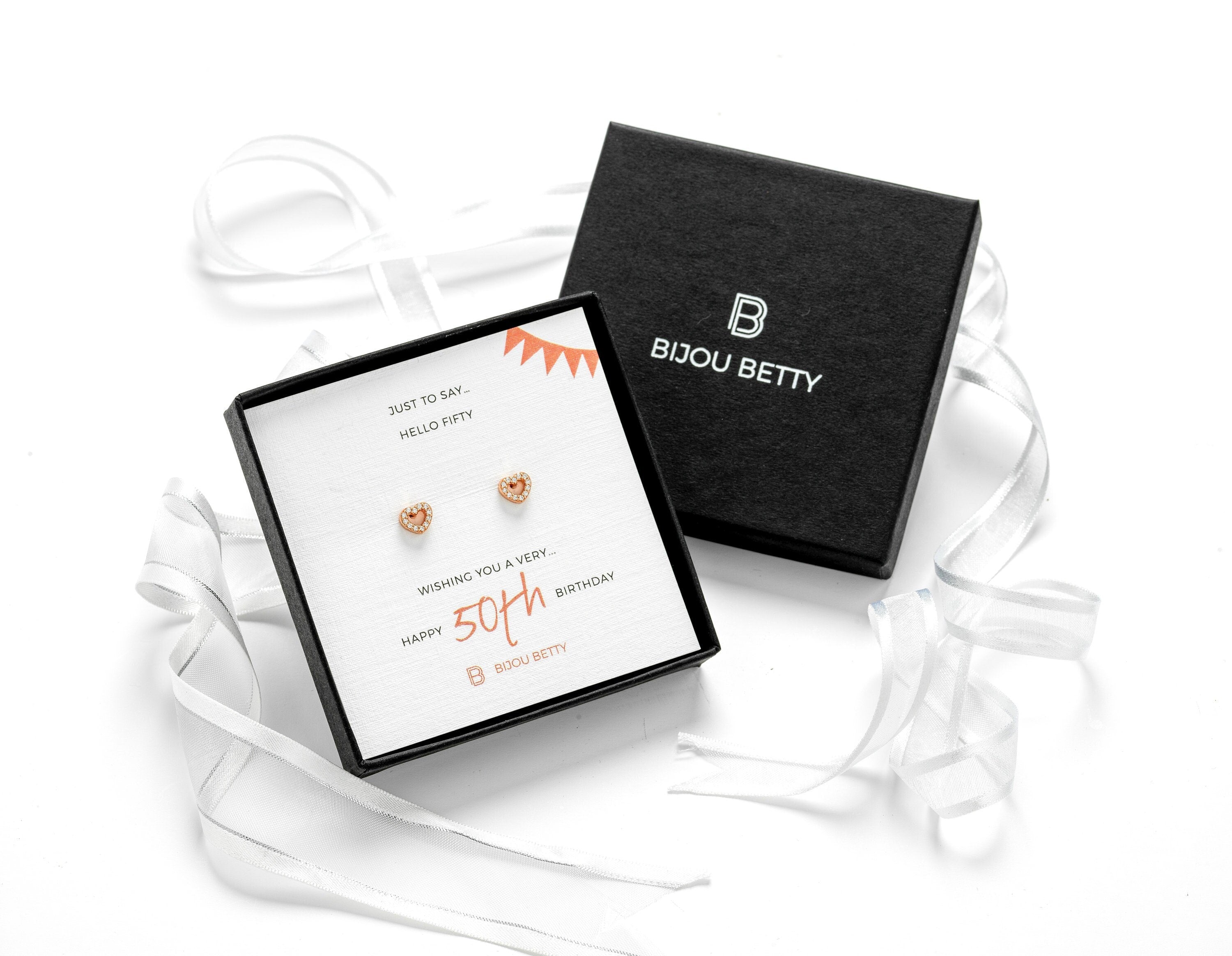 Sterling silver 50th birthday earrings gift, 6mm x 7mm CZ heart studs, in Bijou Betty gift box with bag.