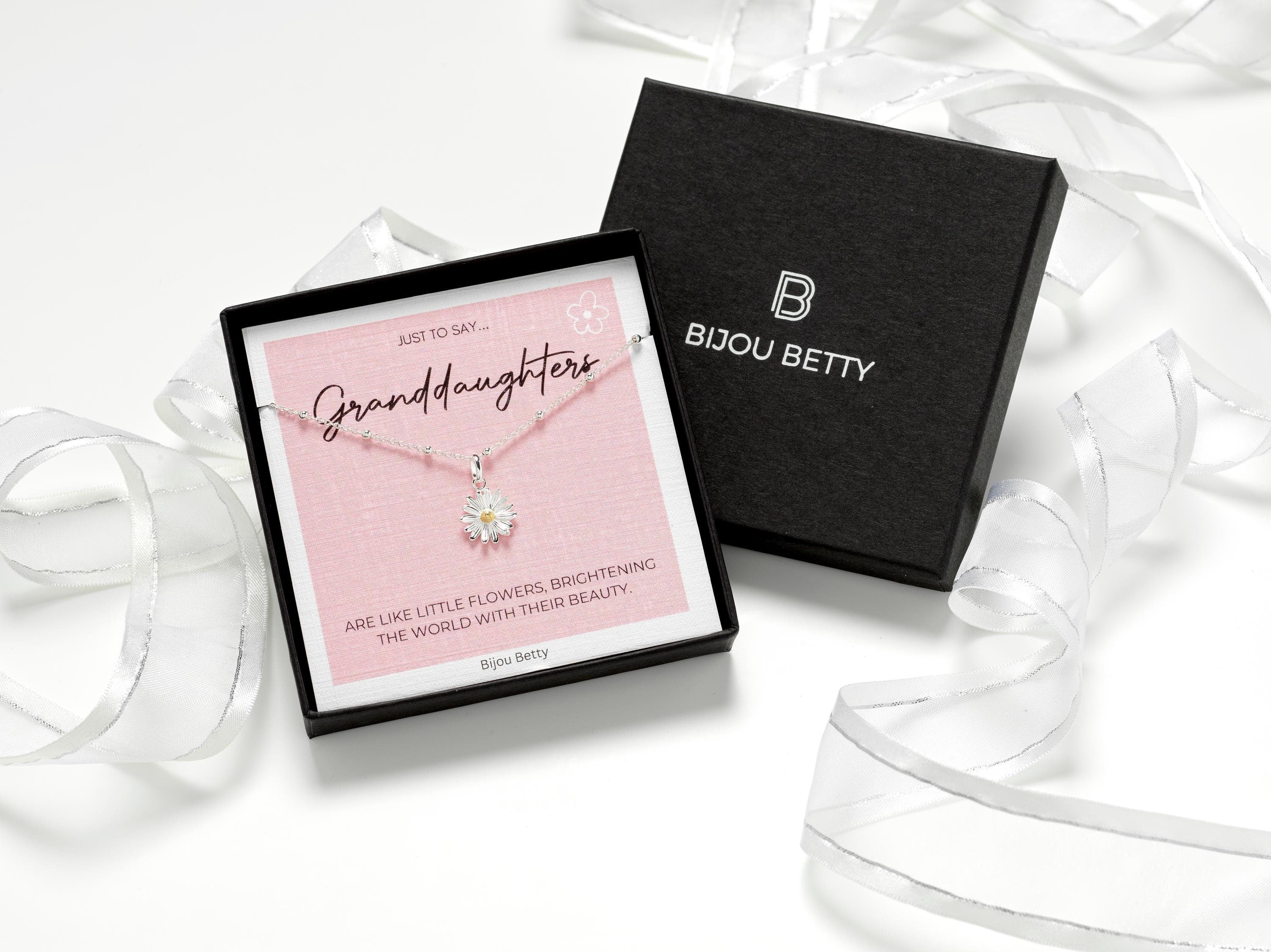 Sterling silver granddaughter necklace gift, 12mm daisy pendant, 16 or 18-inch chain, in Bijou Betty gift box with bag.