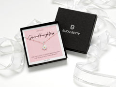 Sterling silver granddaughter necklace gift, 12mm daisy pendant, 16 or 18-inch chain, in Bijou Betty gift box with bag.