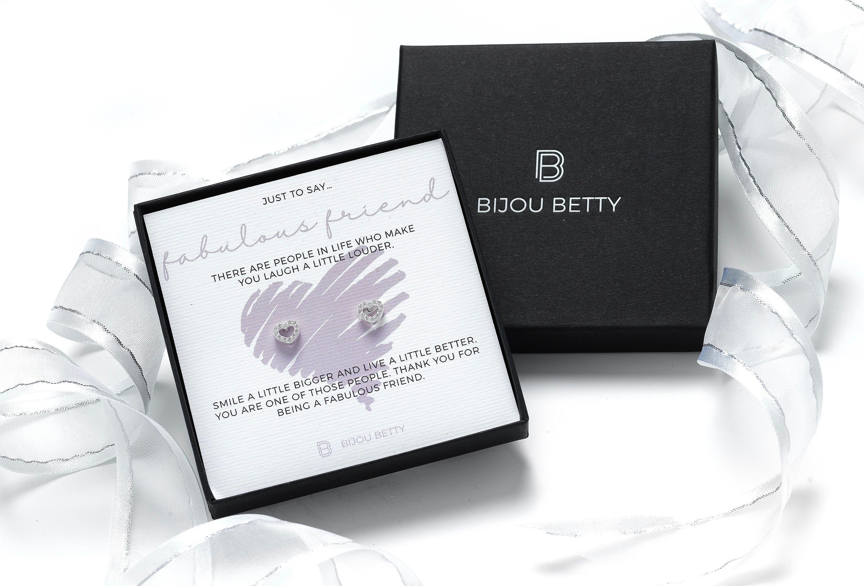 Sterling silver friend gift heart stud earrings, 6mm x 7mm, gold options, in Bijou Betty gift box with bag.