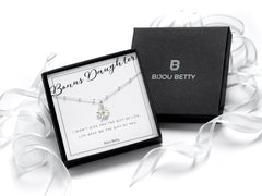 Sterling silver stepdaughter daisy necklace gift, 12mm pendant, 16-18 inch chain, in Bijou Betty gift box with bag and card.